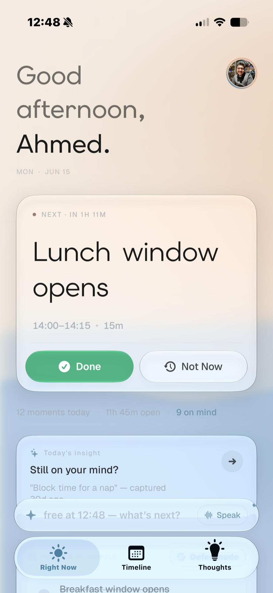Devoted's Right Now screen: a Good afternoon greeting and a single Lunch window opens card with Done and Not Now actions